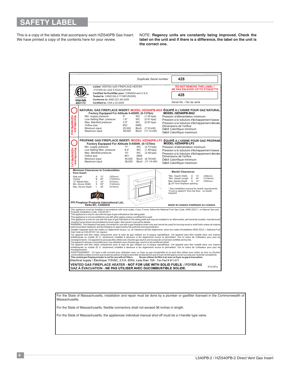 Safety label | Regency Horizon HZI540PB Large Gas Insert User Manual | Page 6 / 56