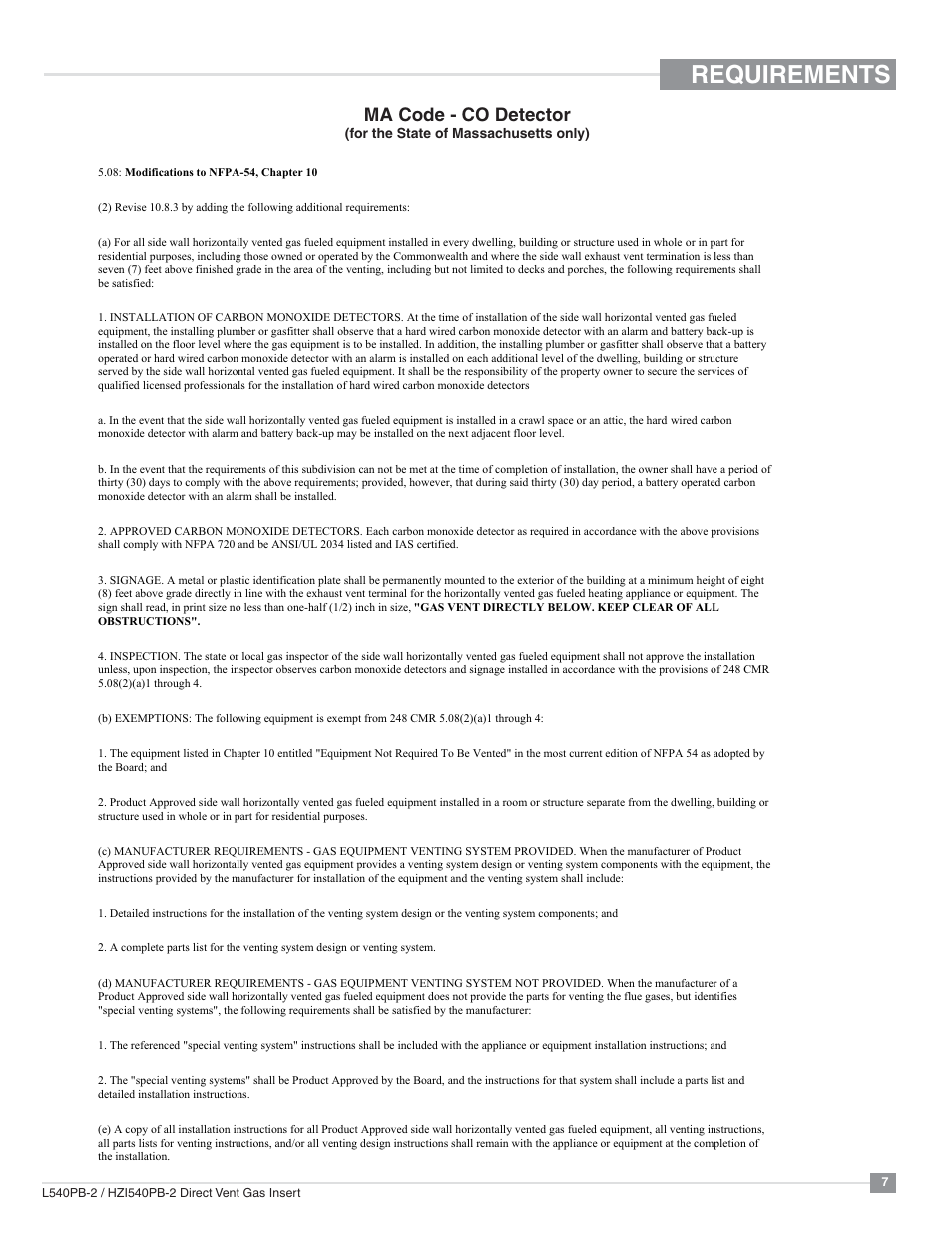 Requirements, Ma code - co detector | Regency Horizon HZI540PB Large Gas Insert User Manual | Page 7 / 56