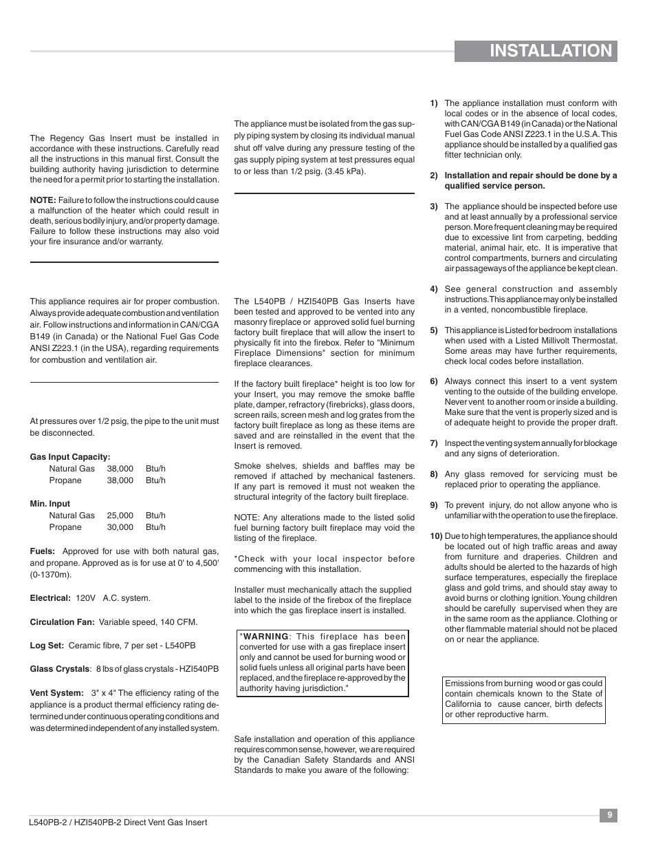 Installation, Important message save these instructions, For your safety | Specifications, Gas pressure testing, Before you start | Regency Horizon HZI540PB Large Gas Insert User Manual | Page 9 / 56