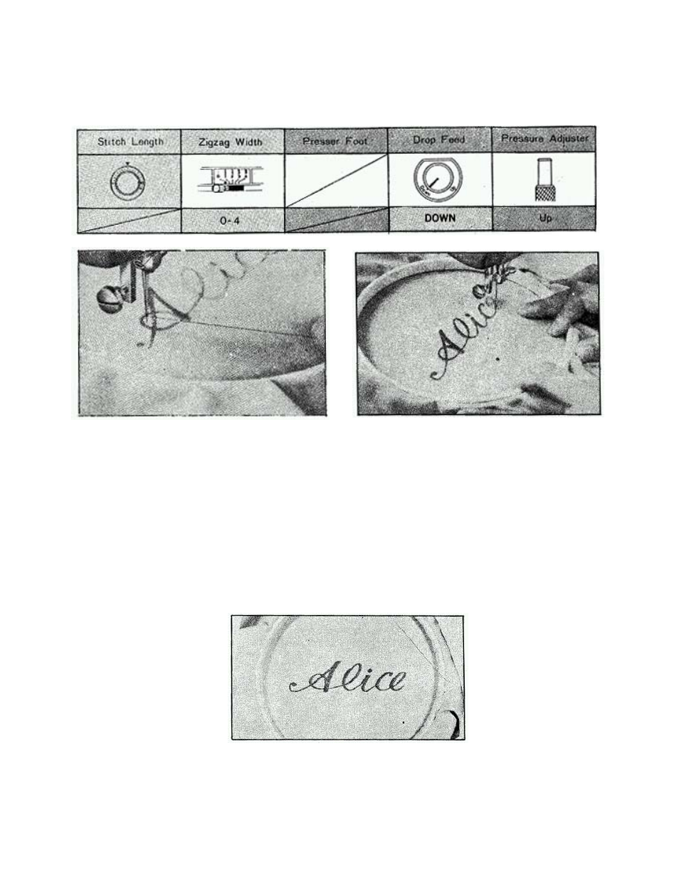 Monogramming, using embroidery hoop, Set your sewing machine as per following table, Remove presser foot | Draw lettering on the right side of the material, Pull lower thread up through the material | Brother 681B-UG User Manual | Page 28 / 39