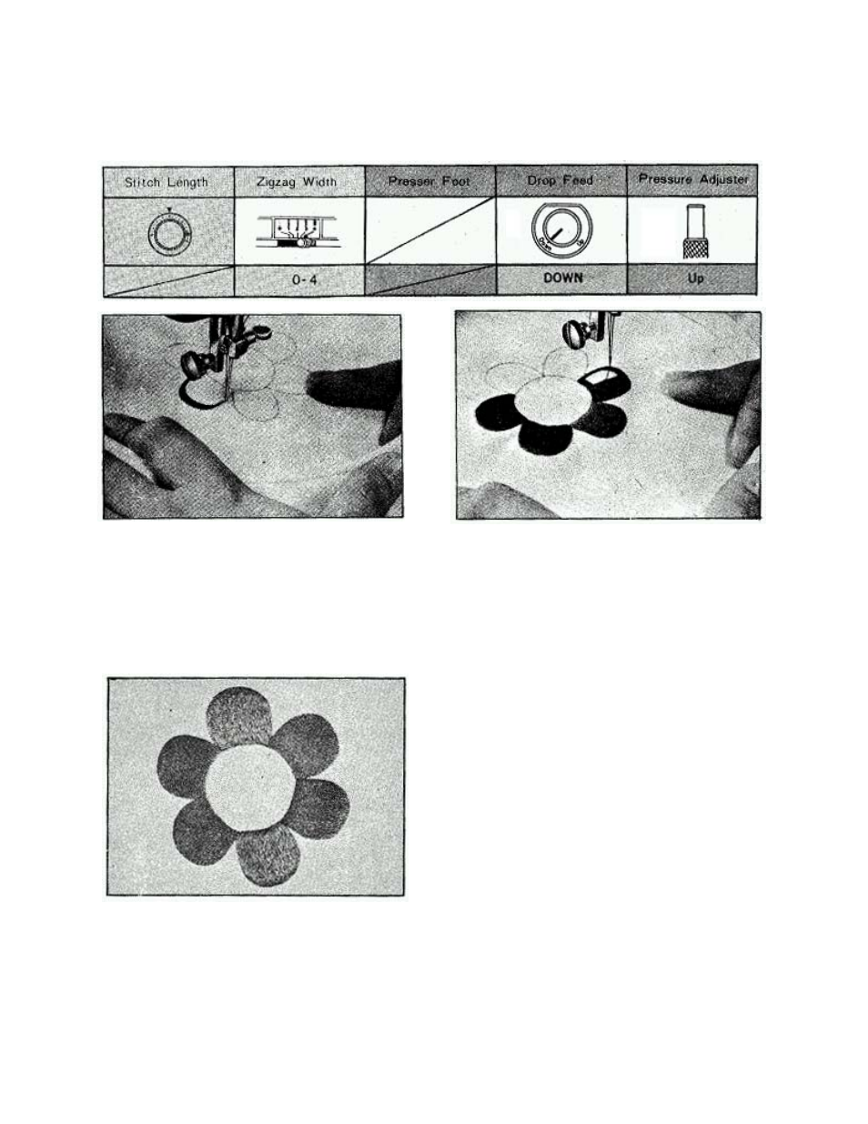 Embroidering, using embroidery hoop, Set your sewing machine as per following table, Remove presser foot | Draw design on the material, Use embroidery hoop as you would for, Monogramming, Pull lower thread up through material | Brother 681B-UG User Manual | Page 29 / 39
