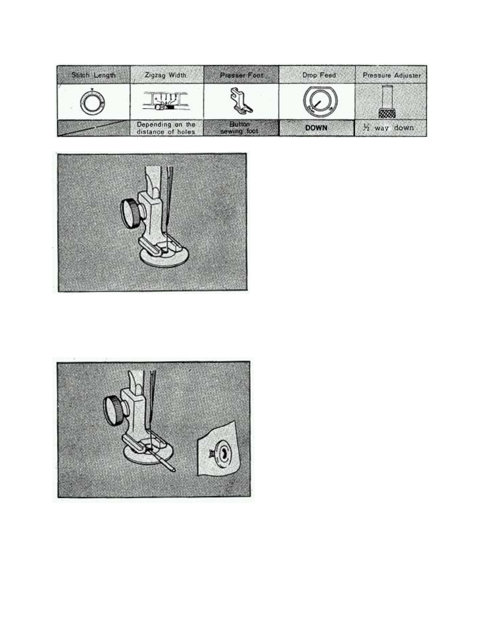 Button sewing, Set your sewing machine as per following table, Put button in place on material to be sewn | Place under presser foot, Lower presser foot and check to see that, Needle enters holes in button properly, Slowly sew approximately 10 stitches, Stop machine and raise needle from the, Material, Turn zigzag width lever to 0 | Brother 681B-UG User Manual | Page 30 / 39