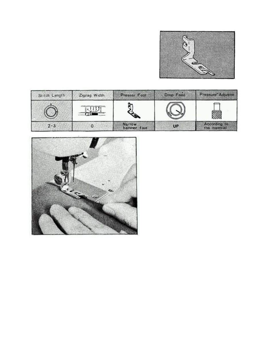 Narrow hemming, By using narrow hemmer foot a neat scroll type hem, Is made | Set your sewing machine as per following table, Cut top corner of the material about 0.3cm (1/8”), Make sure the needle is positioned over material, Lower presser foot | Brother 681B-UG User Manual | Page 32 / 39