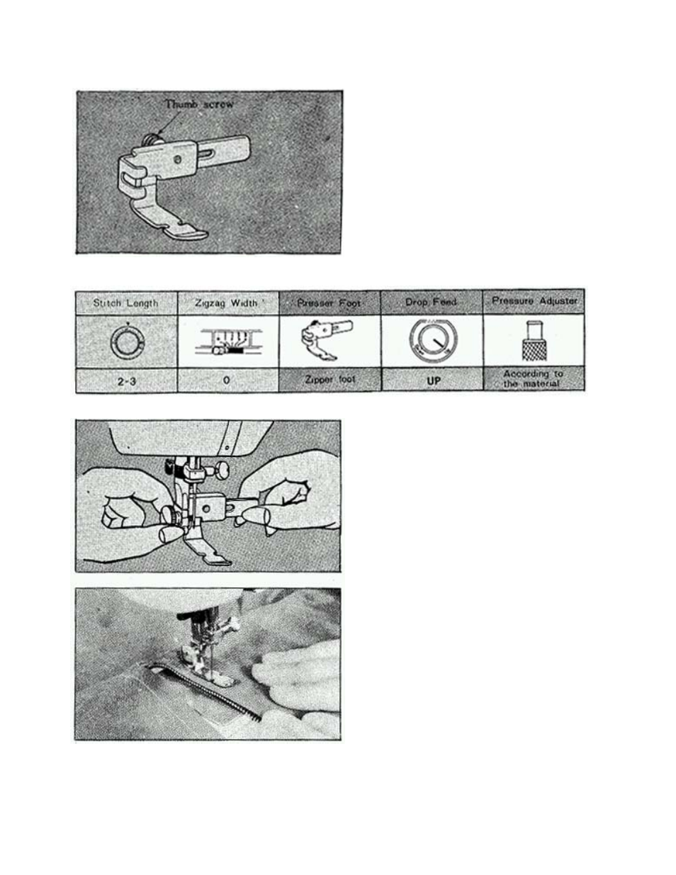 Zipper insertion, Zipper foot is used to sew various types of, Zippers and can easily be positioned to right | Or left side of needle, When zipper is being sewn at right side of, Set your sewing machine as per following table, Lower needle into side notch located on, Presser foot. (right or left), Fold edge of material ¾ inch (2cm) and, Place zipper under folded portion | Brother 681B-UG User Manual | Page 33 / 39
