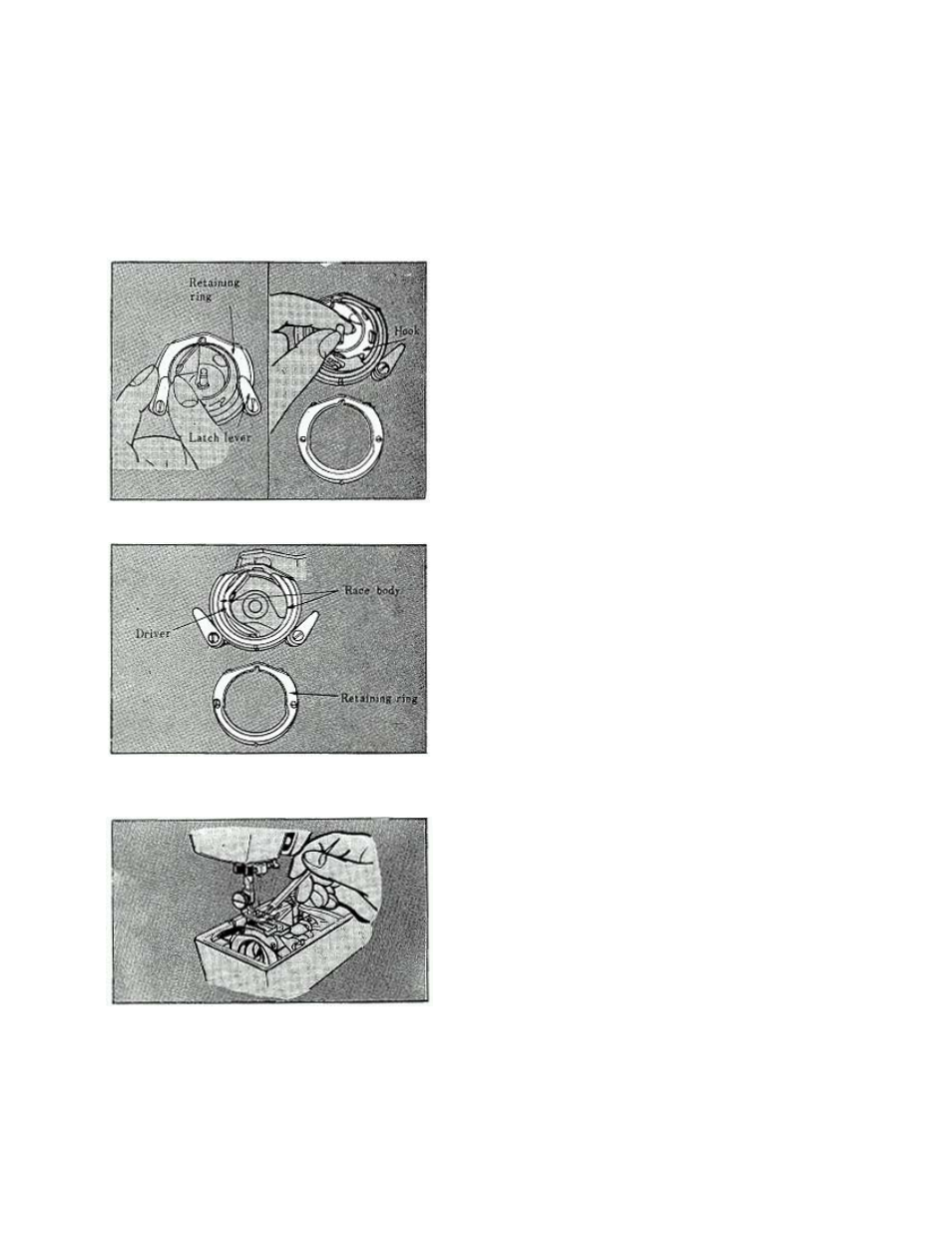Maintenance and care of your machine, Cleaning, Removing shuttle hook | Raise needle to its highest position, Open the shuttle race cover, Take out bobbin case, Push latch levers down and remove retaining ring, Remove hook by grasping center post of, Hook, Note: when needle is lowered | Brother 681B-UG User Manual | Page 34 / 39