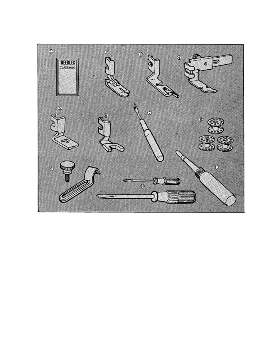 Accessories, Needles, Single needle no.14 (3 pcs.) | Straight stitch foot, Narrow hemmer foot, Zipper foot, Buttonhole foot, Button sewing foot, Seam ripper, Bobbin (3 pcs.) | Brother 681B-UG User Manual | Page 6 / 39