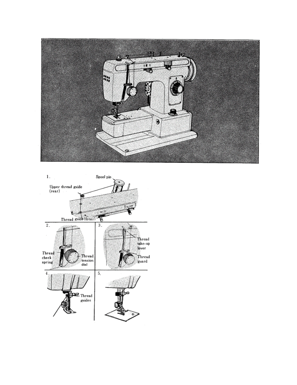 Upper (needle) thread, Before threading, make sure to raise presser, Foot and take-up lever to the highest position | Then place spool of thread on the spool, Now bring thread down and up through, Bring down and pass through the thread guides, Note: if the threading order is not correct, Thread breakage, stitch skipping, Wrinkling of fabric will occur | Brother 681B-UG User Manual | Page 8 / 39