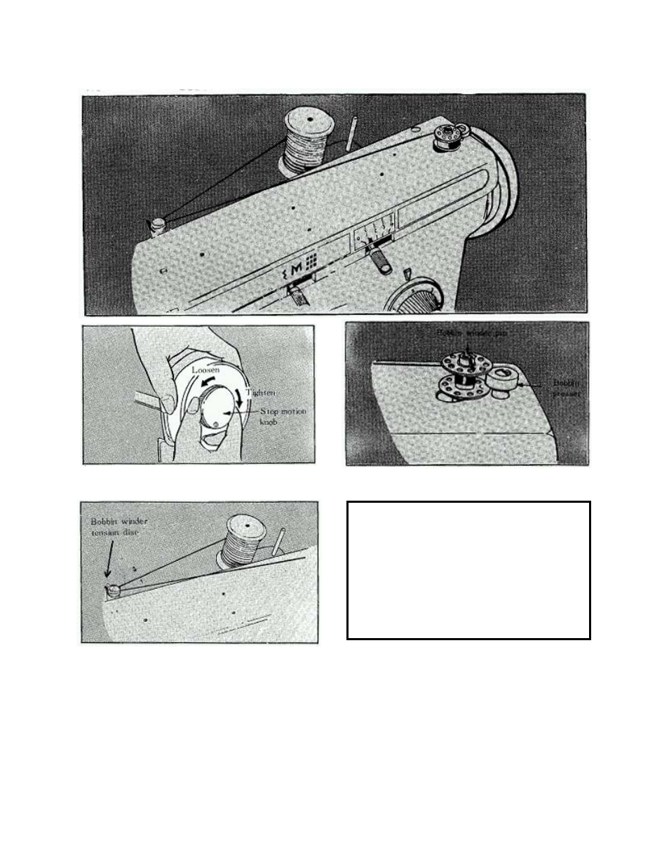 Lower (bobbin) thread, How to wind bobbin, Loosen stop motion knob by turning it | Toward you, Place an empty bobbin on the bobbin, Winder pin, Place thread spool on the spool pin and take, Thread through bobbin winder tension disc | Brother 681B-UG User Manual | Page 9 / 39