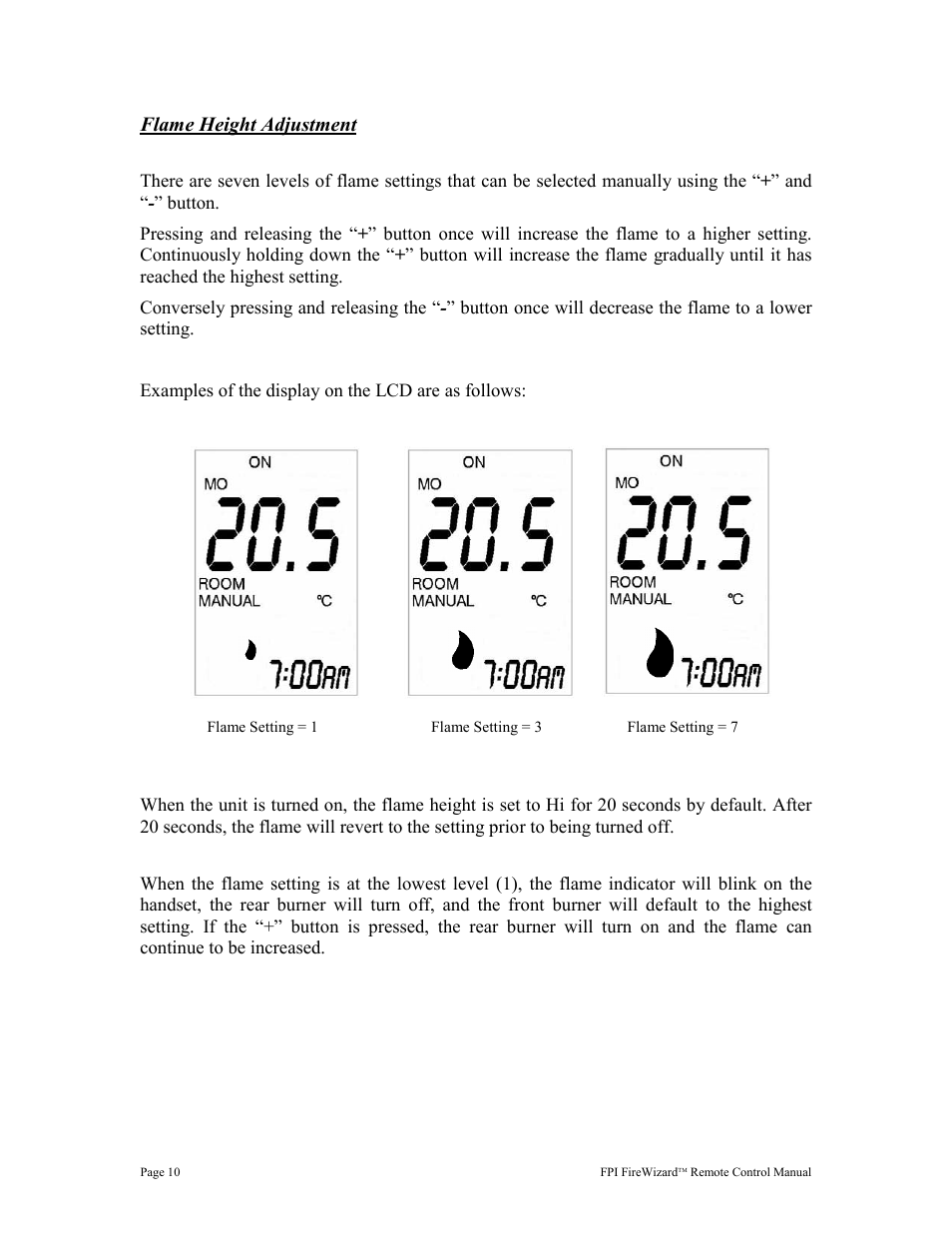 Flame height adjustment | Regency FireWizard User Manual | Page 10 / 20