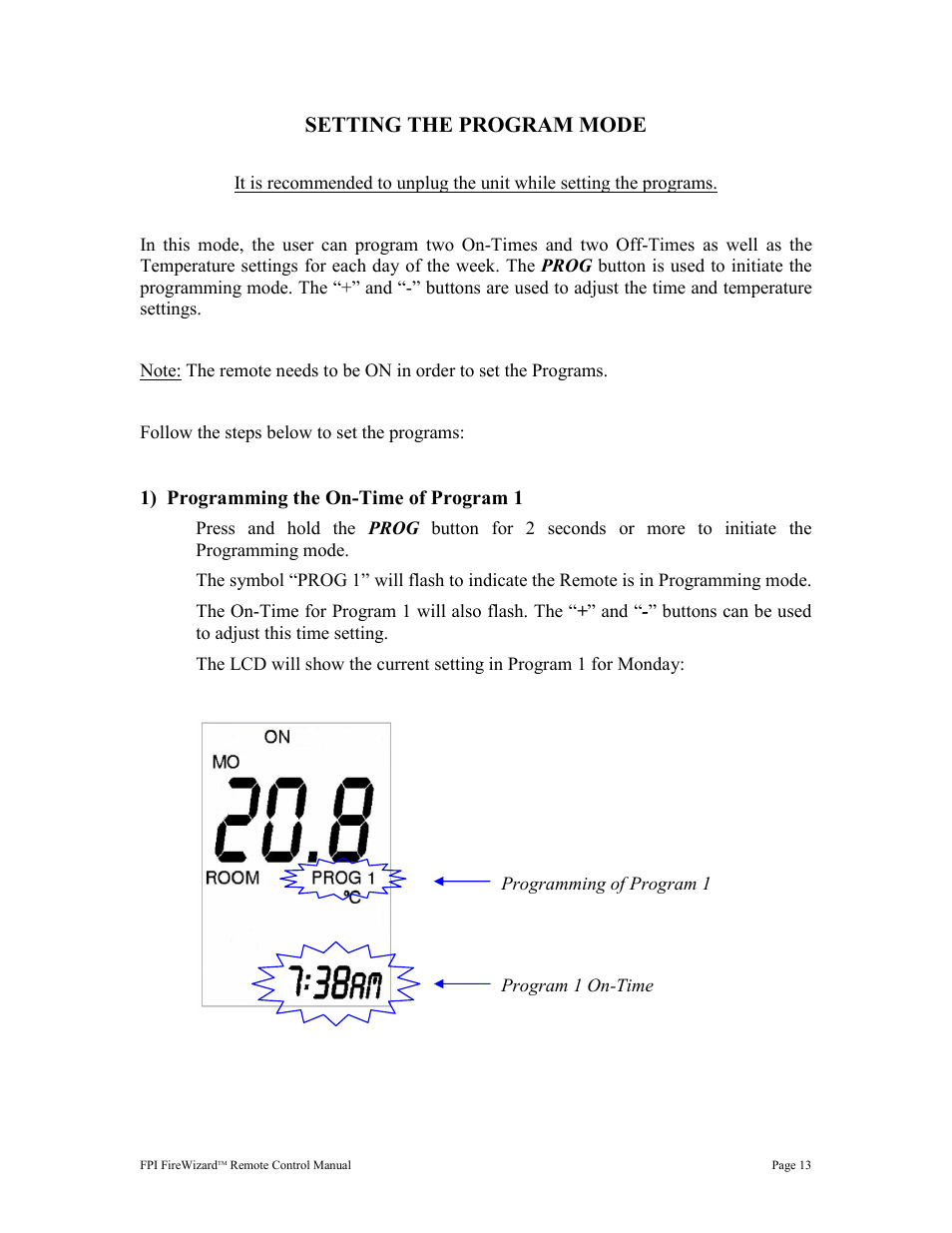 Setting the program mode, 1) programming the on-time of program 1 | Regency FireWizard User Manual | Page 13 / 20