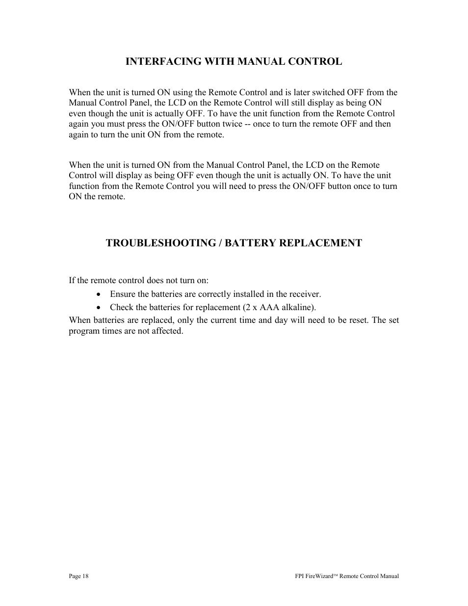 Interfacing with manual control, Troubleshooting / battery replacement | Regency FireWizard User Manual | Page 18 / 20
