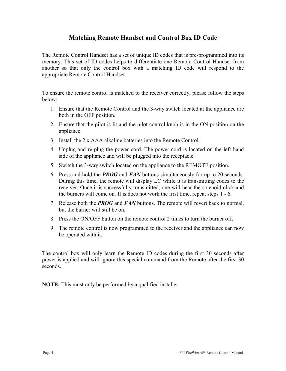 Matching remote handset and control box id code | Regency FireWizard User Manual | Page 4 / 20
