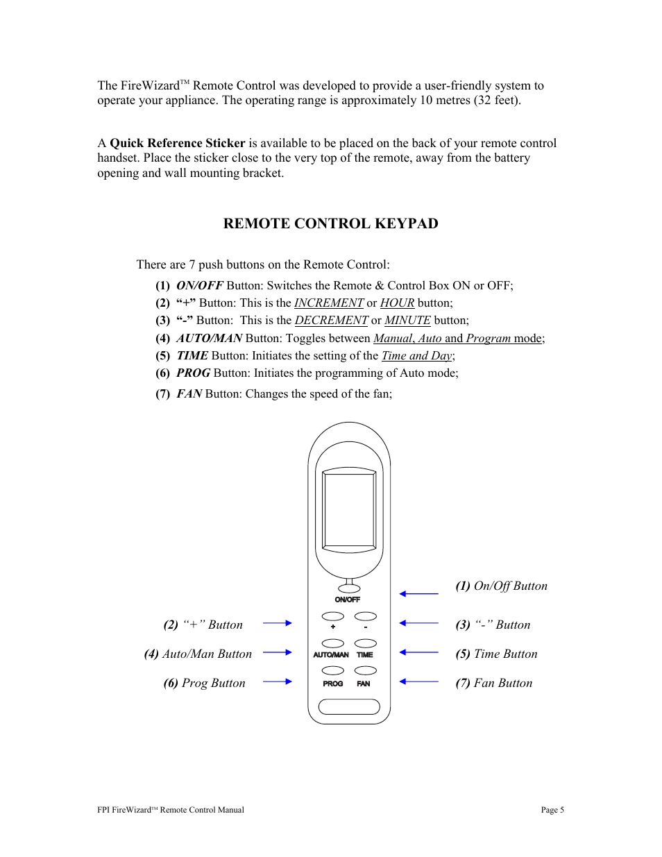 Remote control keypad | Regency FireWizard User Manual | Page 5 / 20