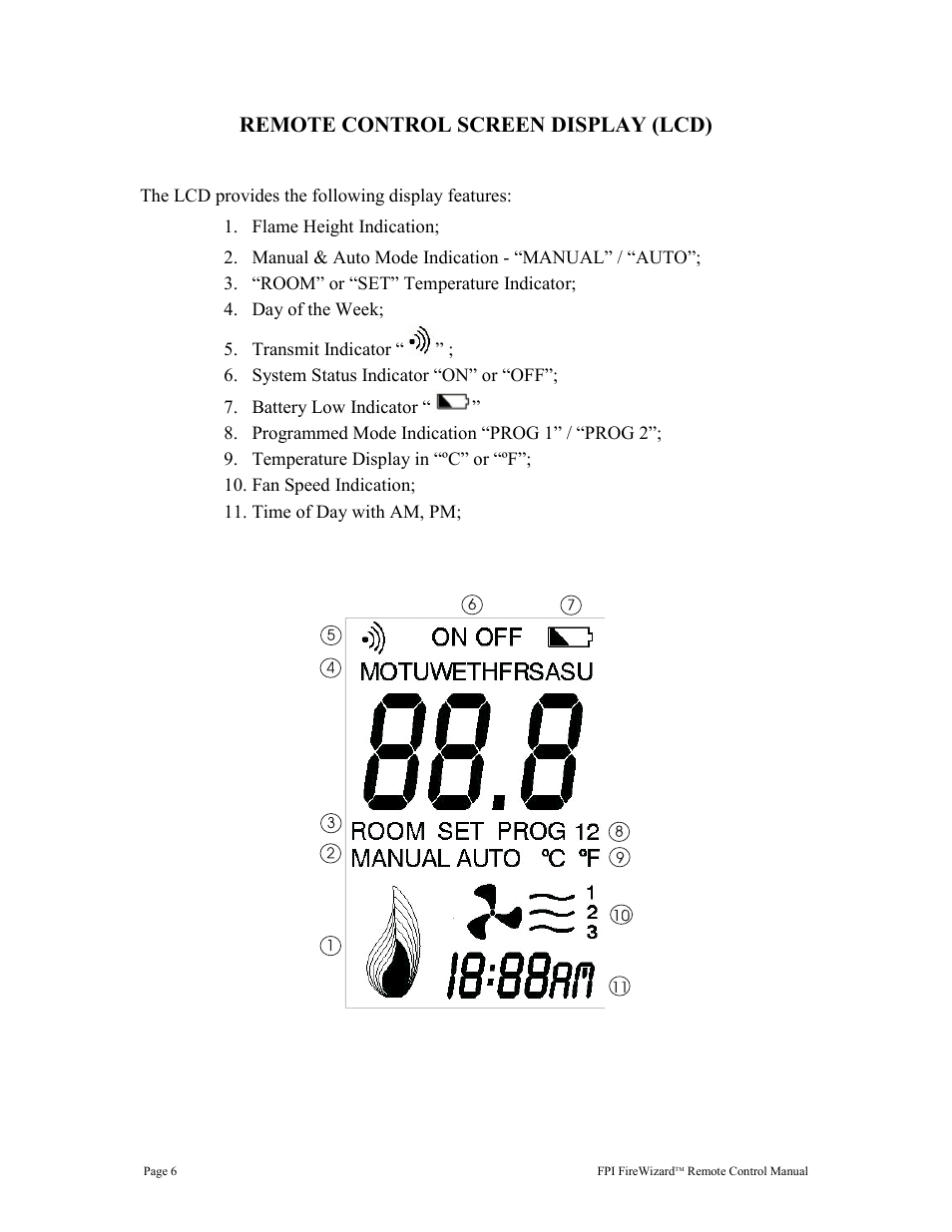 Remote control screen display (lcd) | Regency FireWizard User Manual | Page 6 / 20
