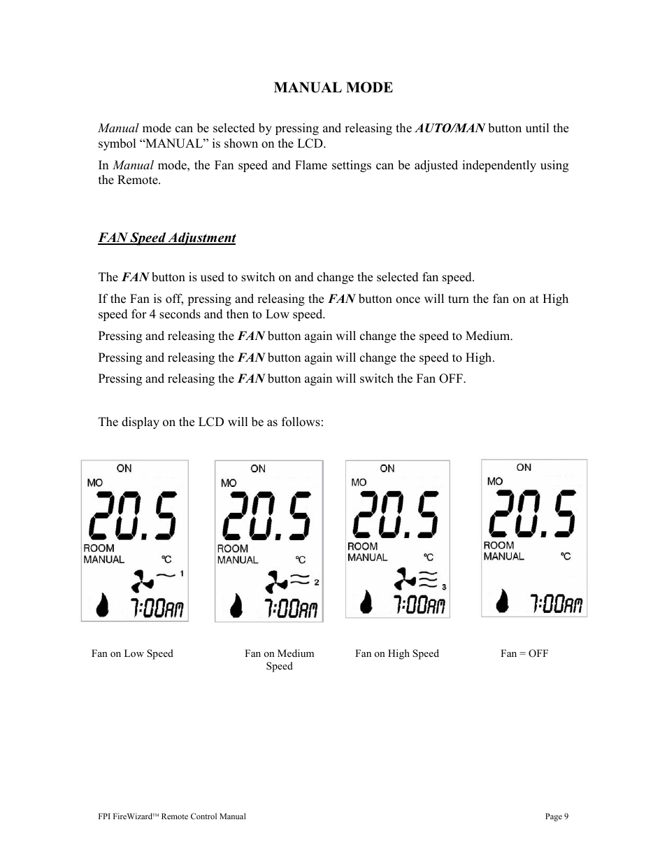 Manual mode, Fan speed adjustment | Regency FireWizard User Manual | Page 9 / 20