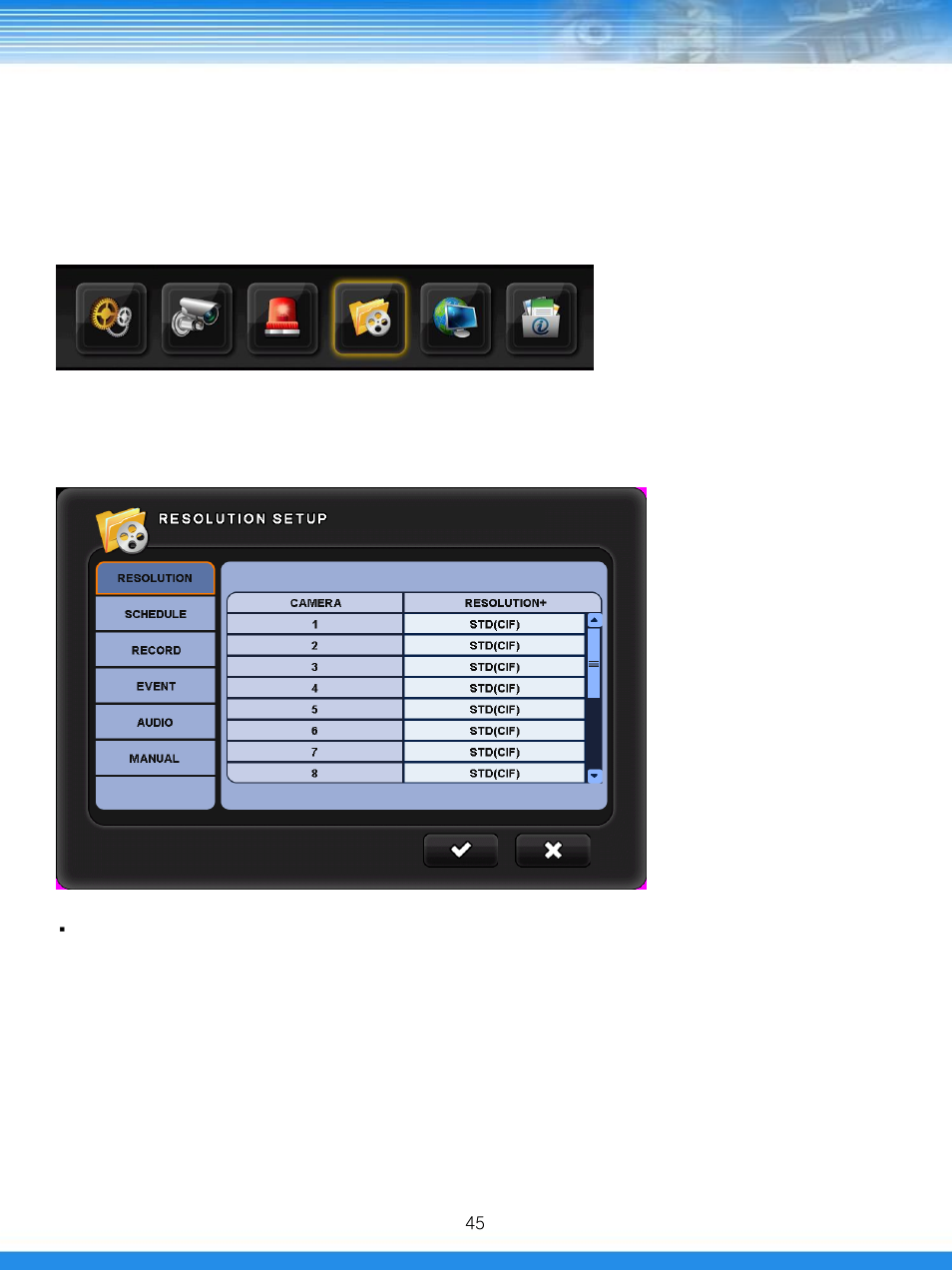 4 record setup, 1 resolution | Talos Security DRSDI1641 HD-SDI DVR Manual User Manual | Page 46 / 80