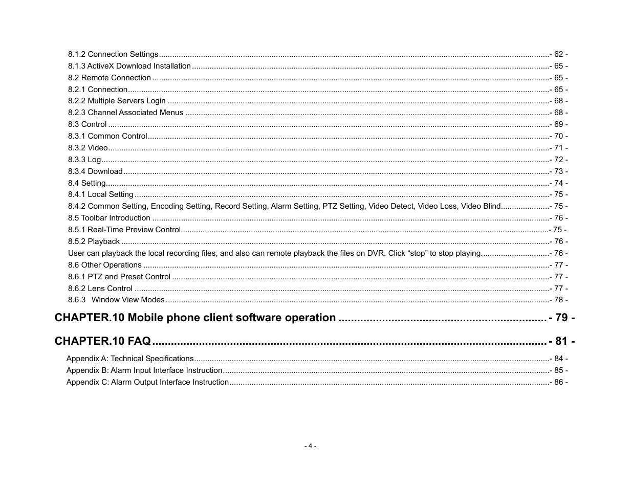 Chapter.10 mobile phone client software operation, Chapter.10 faq | Talos Security DR800 Series DVR User Manual User Manual | Page 4 / 86