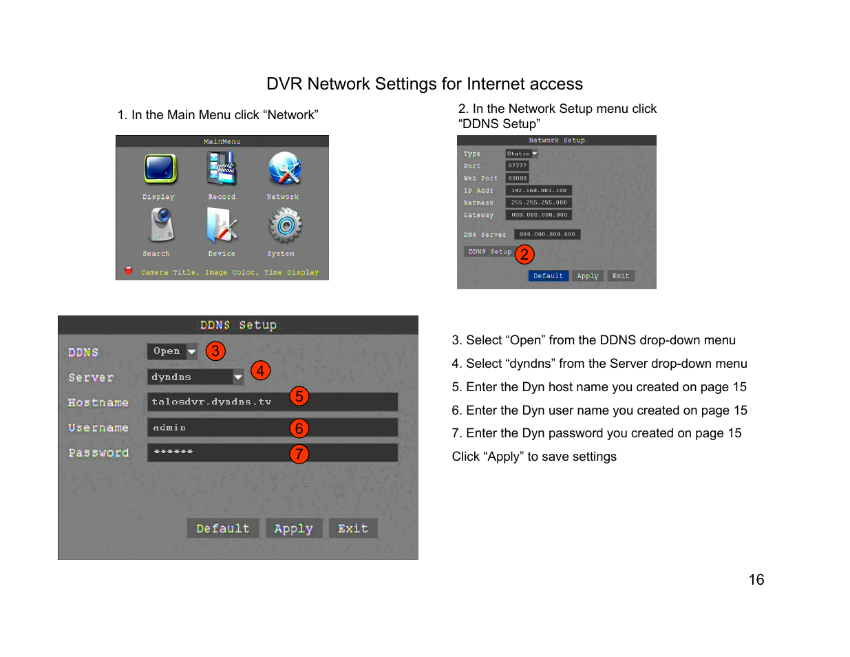 Dvr network settings for internet access | Talos Security DK1400 Series Quick Start Reference Guide User Manual | Page 16 / 22