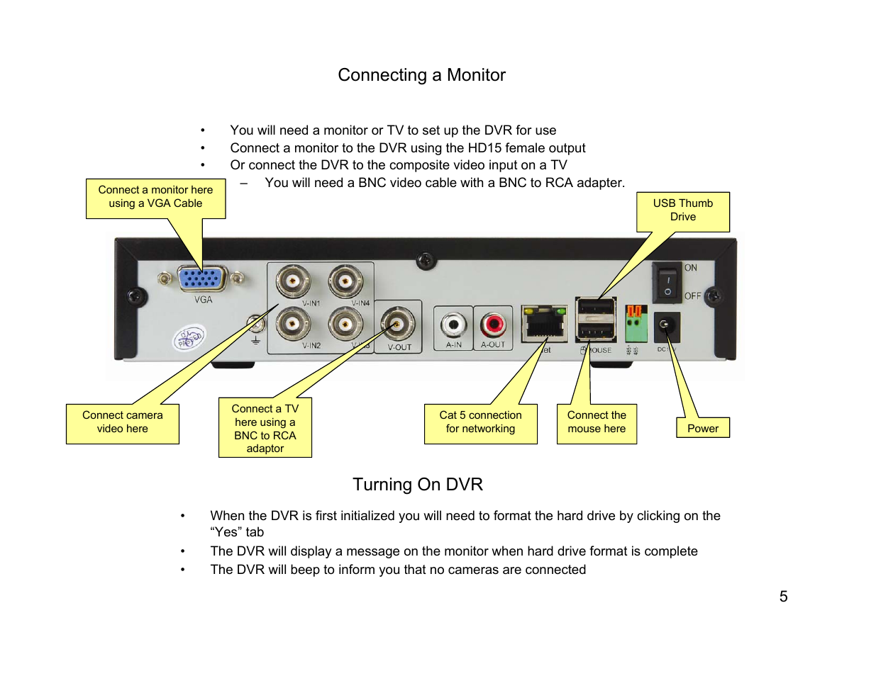 Connecting a monitor, Turning on dvr | Talos Security DK1400 Series Quick Start Reference Guide User Manual | Page 5 / 22