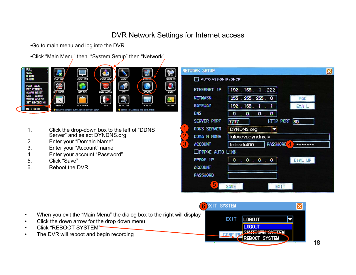 Dvr network settings for internet access | Talos Security DR800 Series DVR Quick Start Guide User Manual | Page 18 / 27