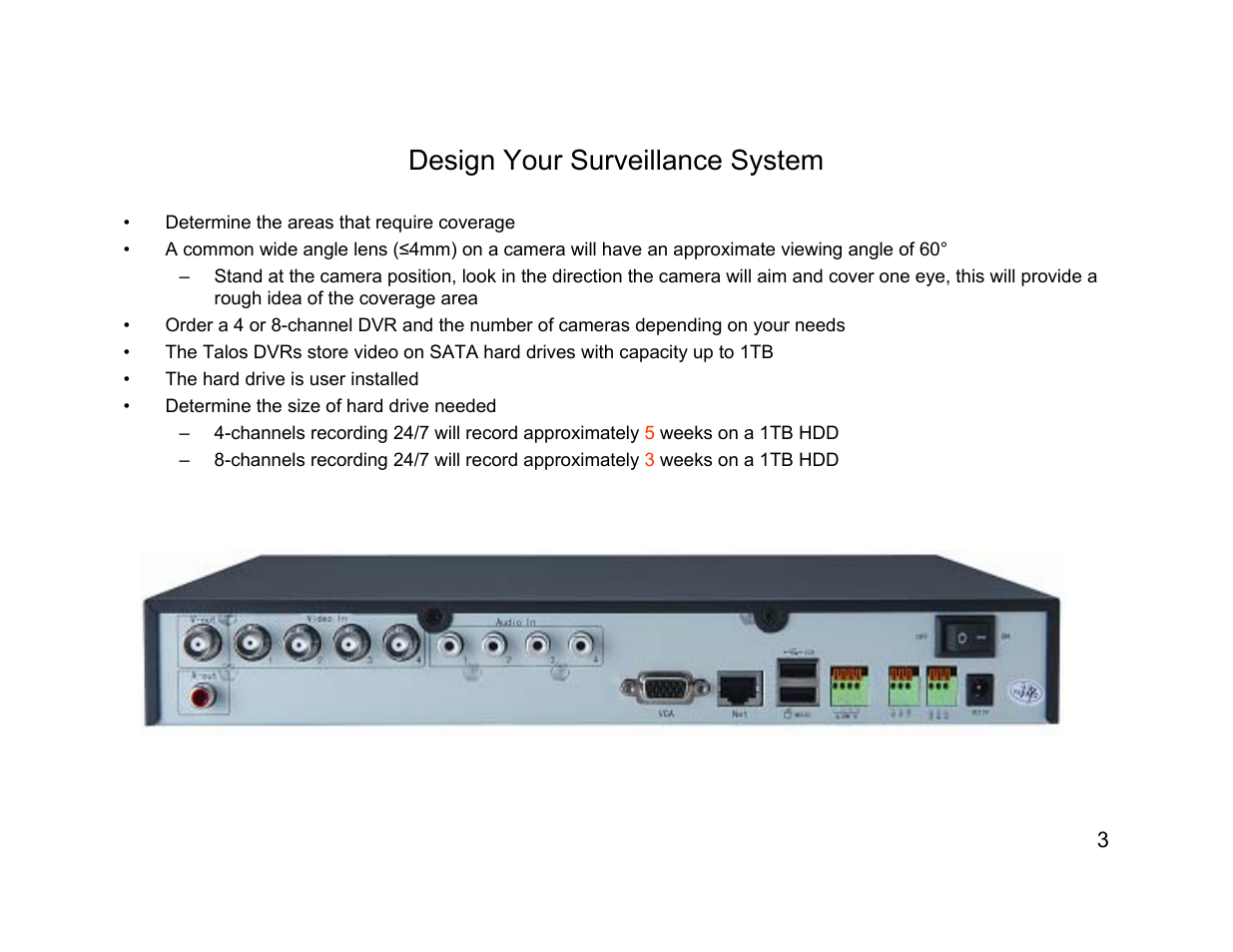 Design your surveillance system | Talos Security DR800 Series DVR Quick Start Guide User Manual | Page 3 / 27