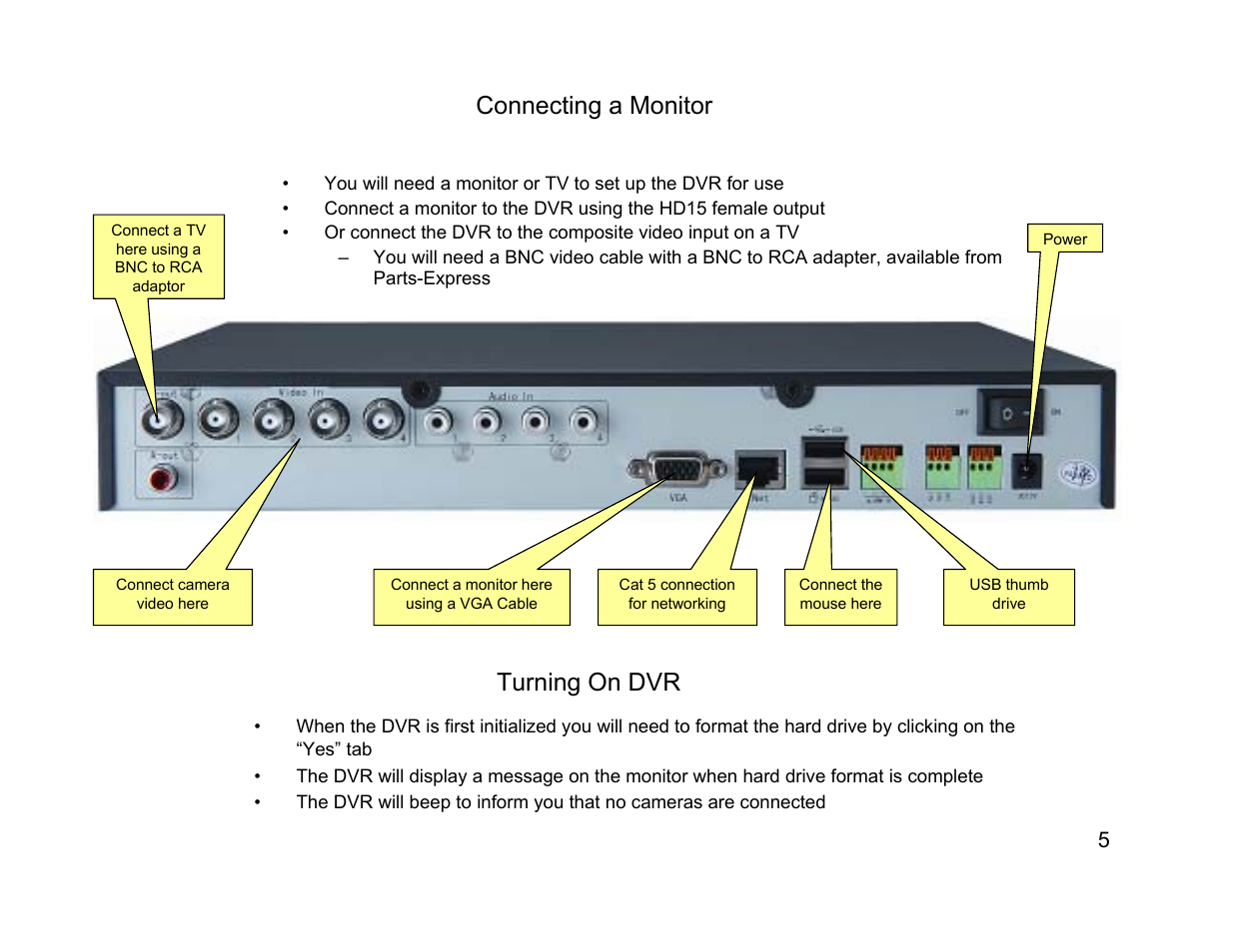 Connecting a monitor, Turning on dvr | Talos Security DR800 Series DVR Quick Start Guide User Manual | Page 5 / 27