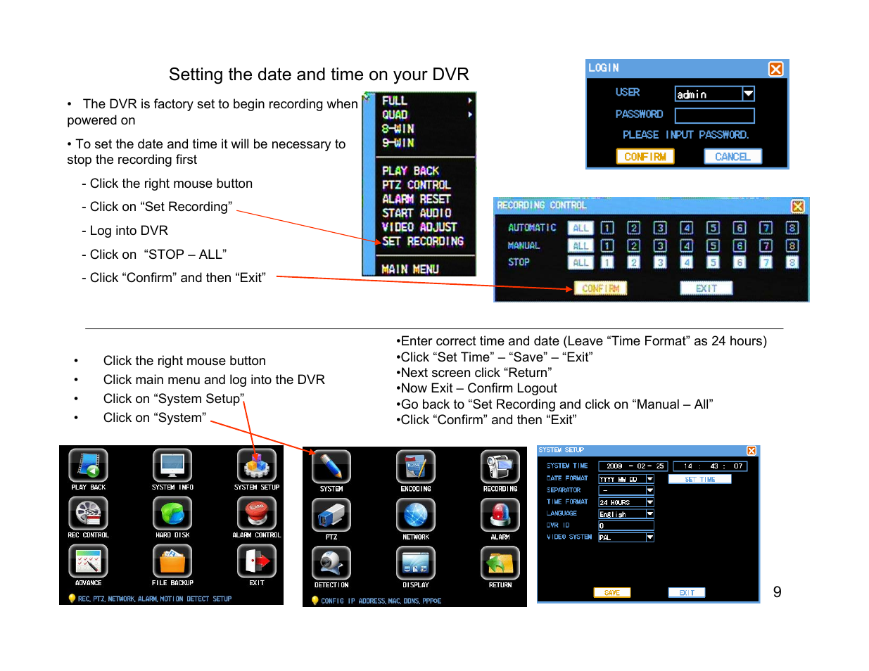 Setting the date and time on your dvr | Talos Security DR800 Series DVR Quick Start Guide User Manual | Page 9 / 27