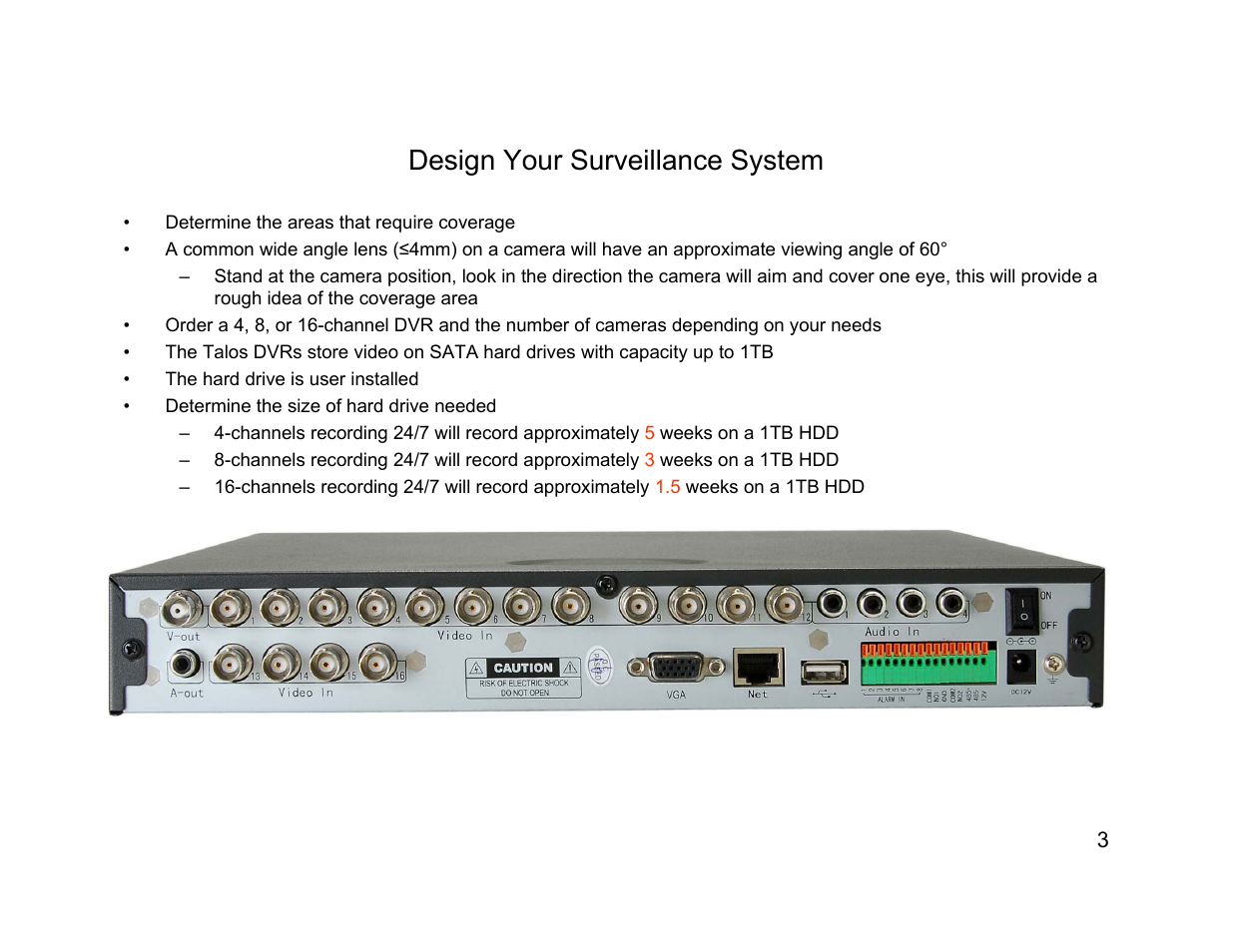 Design your surveillance system | Talos Security DR1600 Series DVR Quick Start Guide User Manual | Page 3 / 22