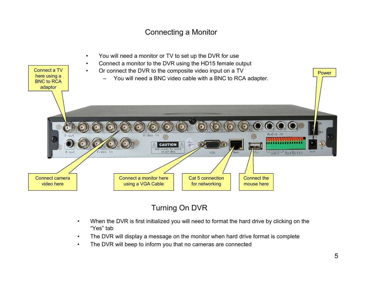 Connecting a monitor, Turning on dvr | Talos Security DR1600 Series DVR Quick Start Guide User Manual | Page 5 / 22