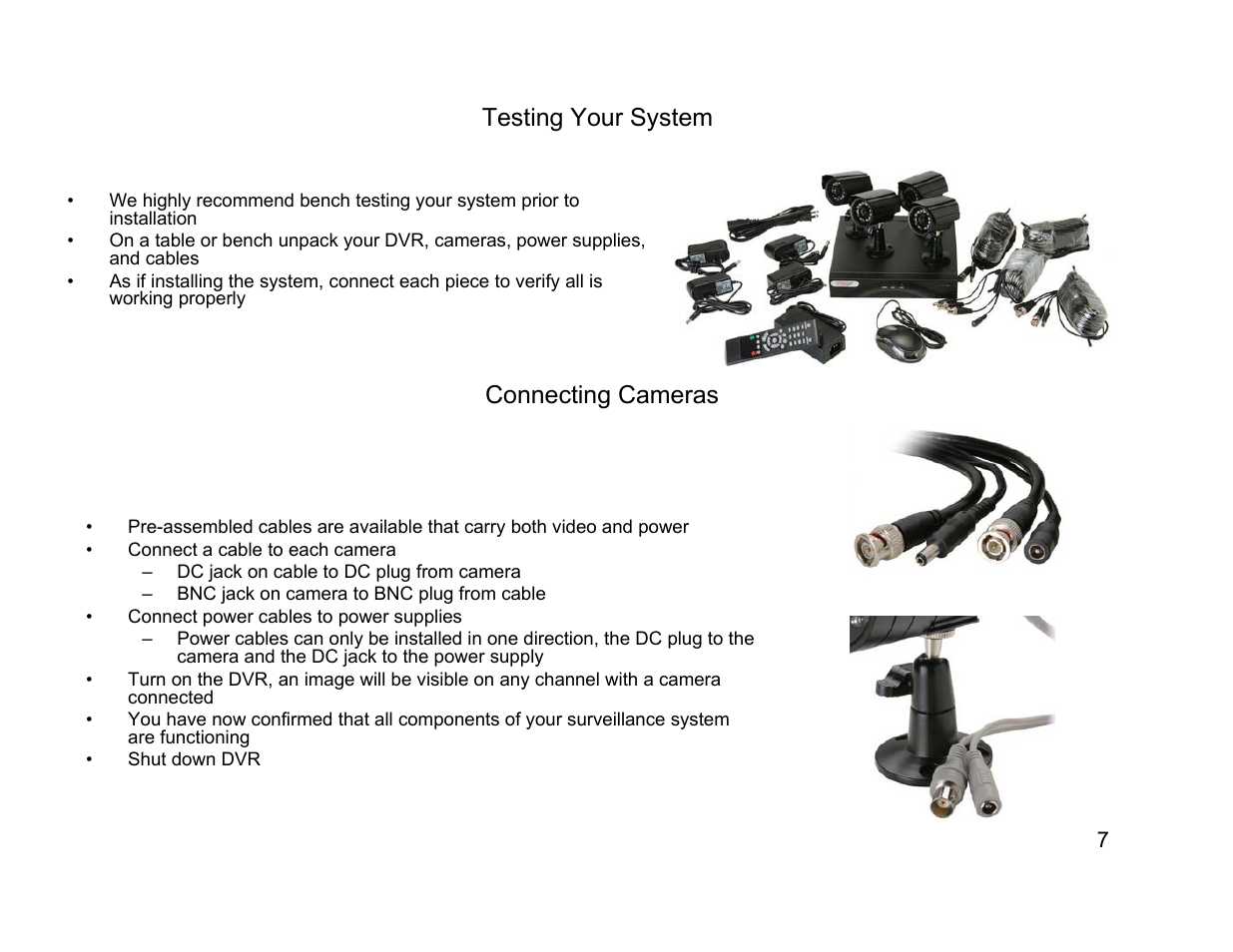 Testing your system, Connecting cameras | Talos Security DR1600 Series DVR Quick Start Guide User Manual | Page 7 / 22