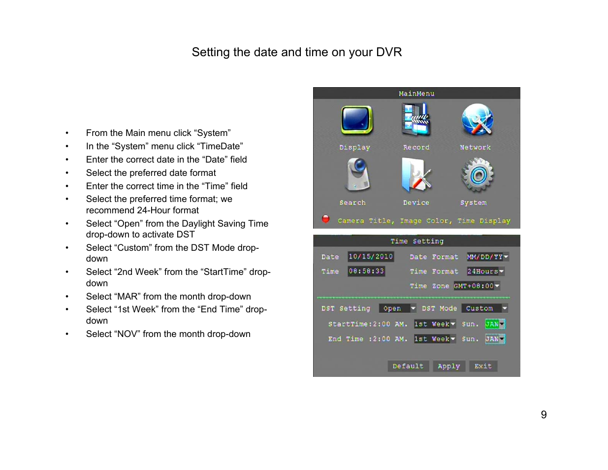 Setting the date and time on your dvr | Talos Security DR1600 Series DVR Quick Start Guide User Manual | Page 9 / 22