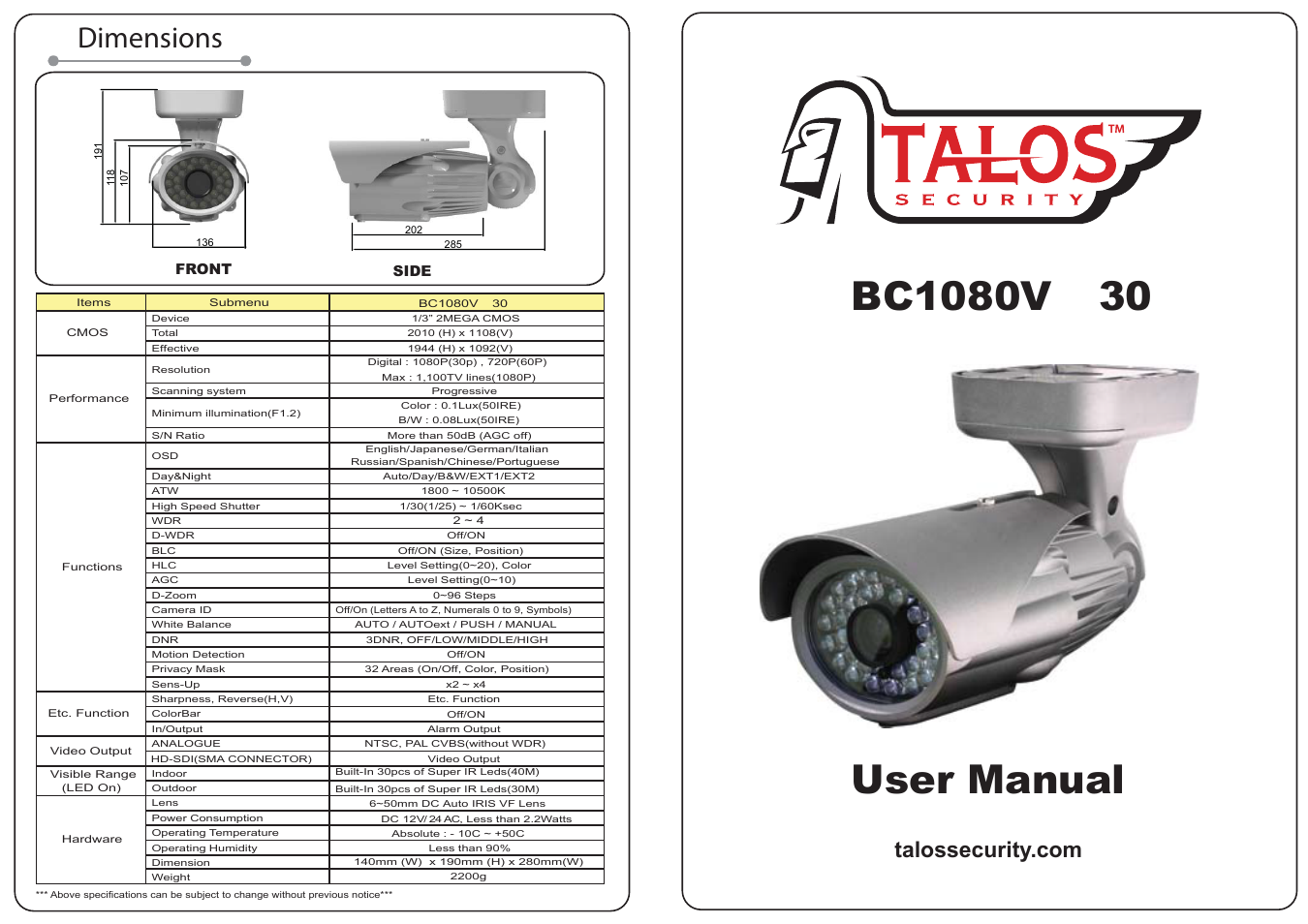 Talos Security BC1080VIR30 HD-SDI User Manual | 2 pages