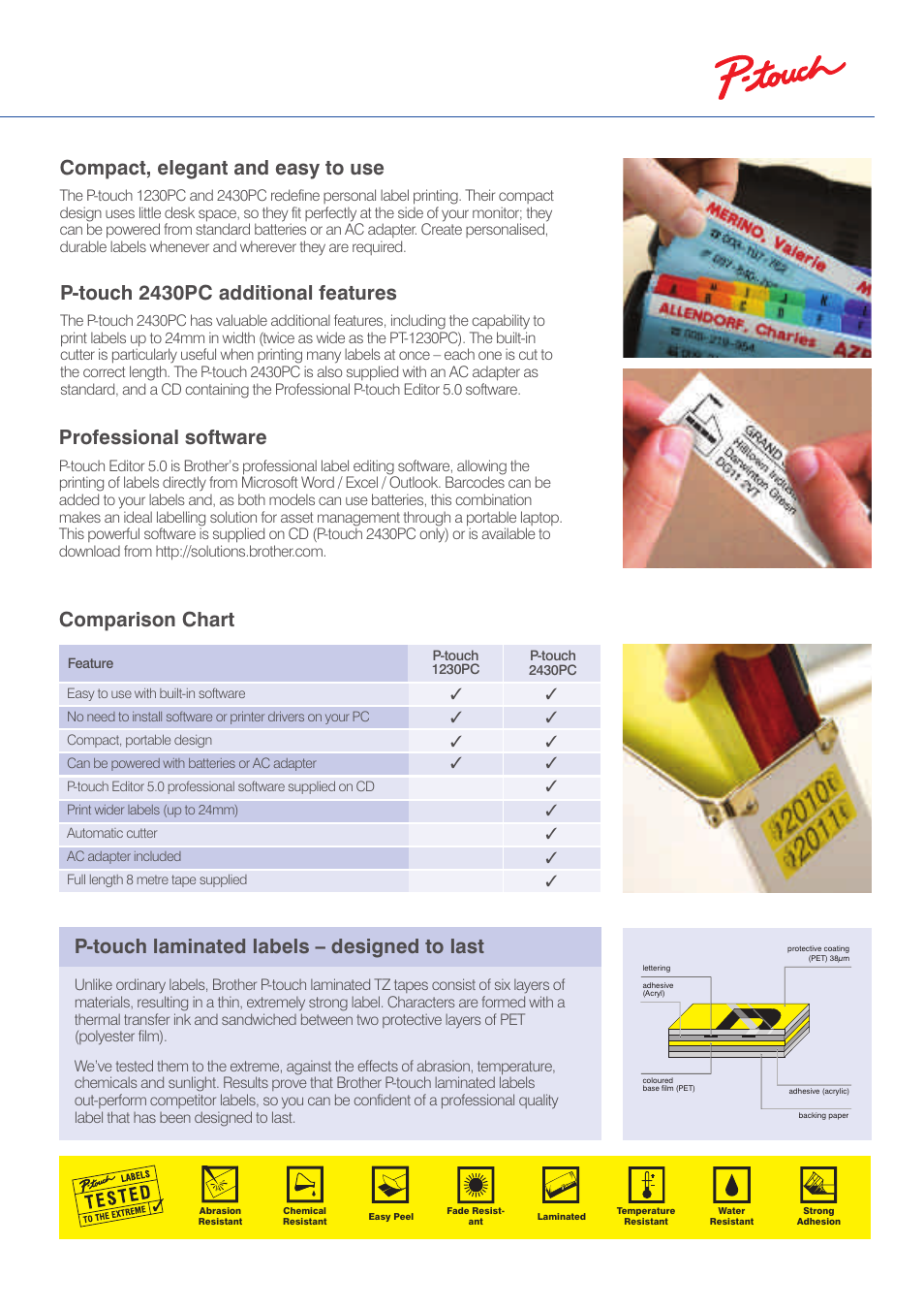 Compact, elegant and easy to use, P-touch 2430pc additional features, Professional software | Comparison chart, P-touch laminated labels – designed to last | Brother 1230PC User Manual | Page 3 / 4