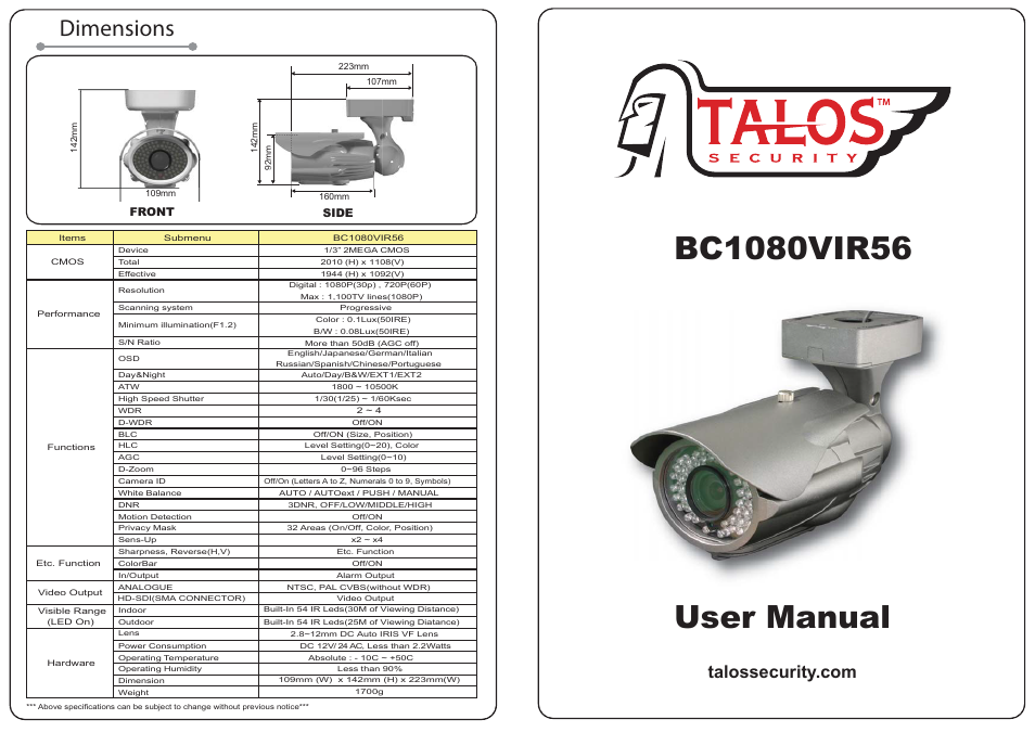 Talos Security BC1080VIR56 HD-SDI User Manual | 2 pages