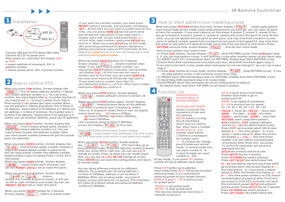 Installation, How to control ptz, Function list | How to start pattern tour tracking cruise | Talos Security PTZ650 User Manual | Page 2 / 2