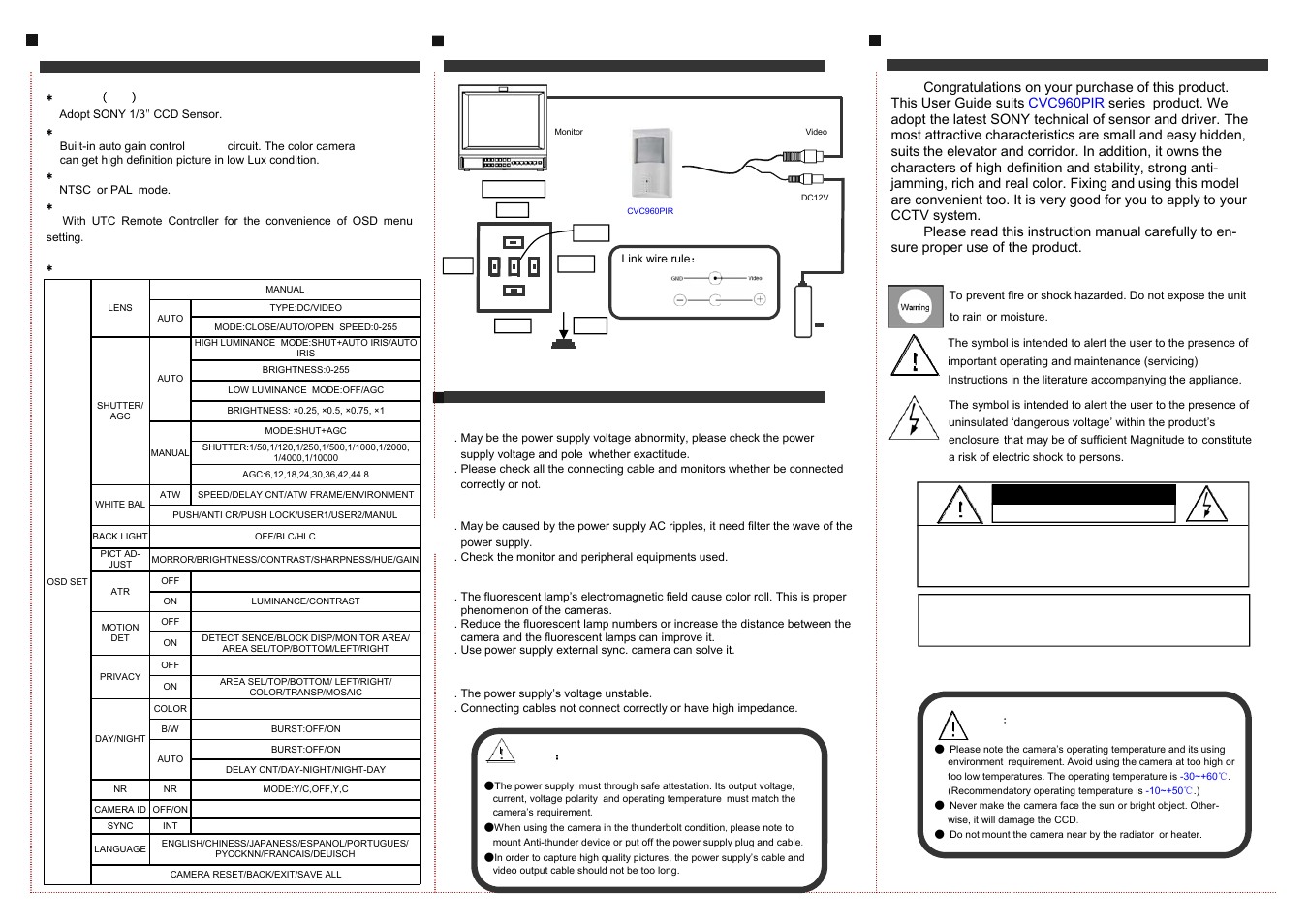 Introduction, Connecting, Brief of product | Trouble and solution | Talos Security CVC960PIR User Manual | Page 2 / 2