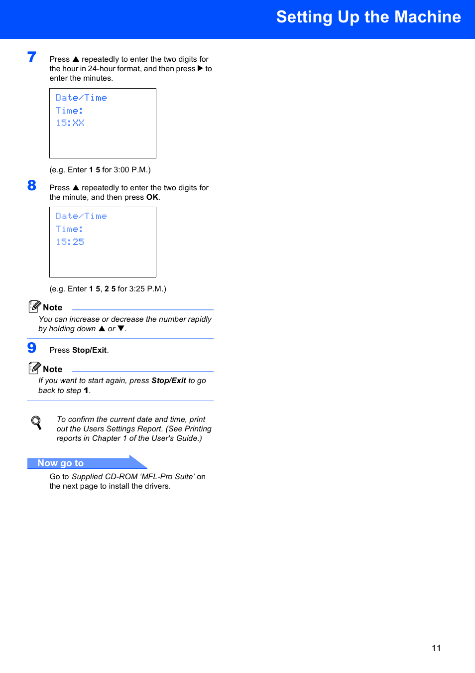 Setting up the machine, Date/time time: 15:xx, Date/time time: 15:25 | Brother DCP-330C User Manual | Page 13 / 32