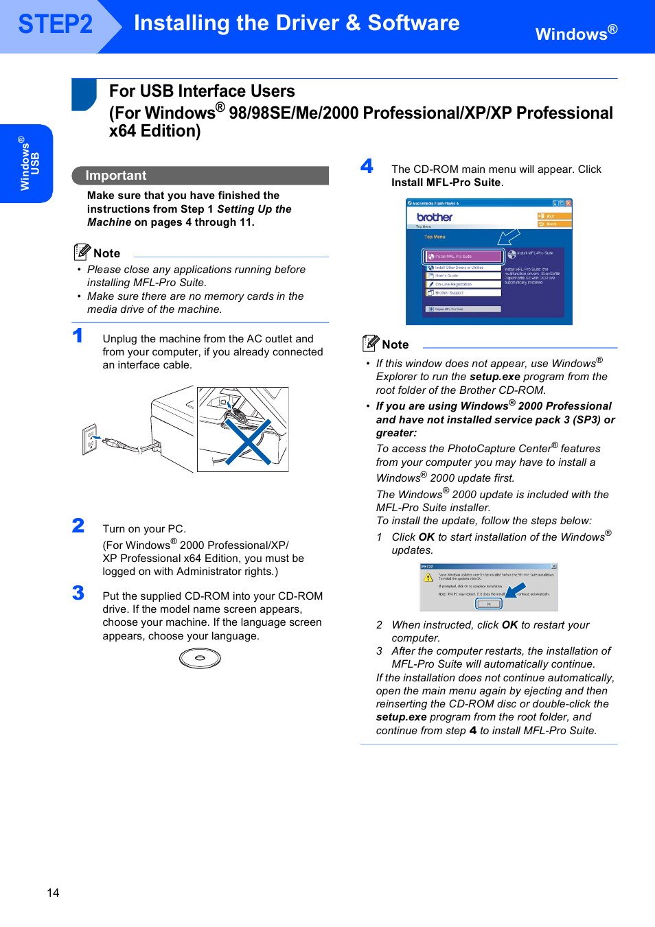 Windows, Step2, Installing the driver & software | For usb interface users (for windows, For usb interface users, For windows, Important | Brother DCP-330C User Manual | Page 16 / 32