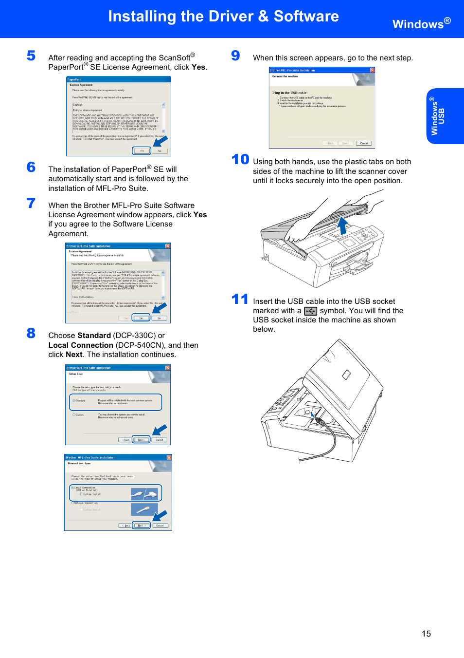 Installing the driver & software, Windows | Brother DCP-330C User Manual | Page 17 / 32