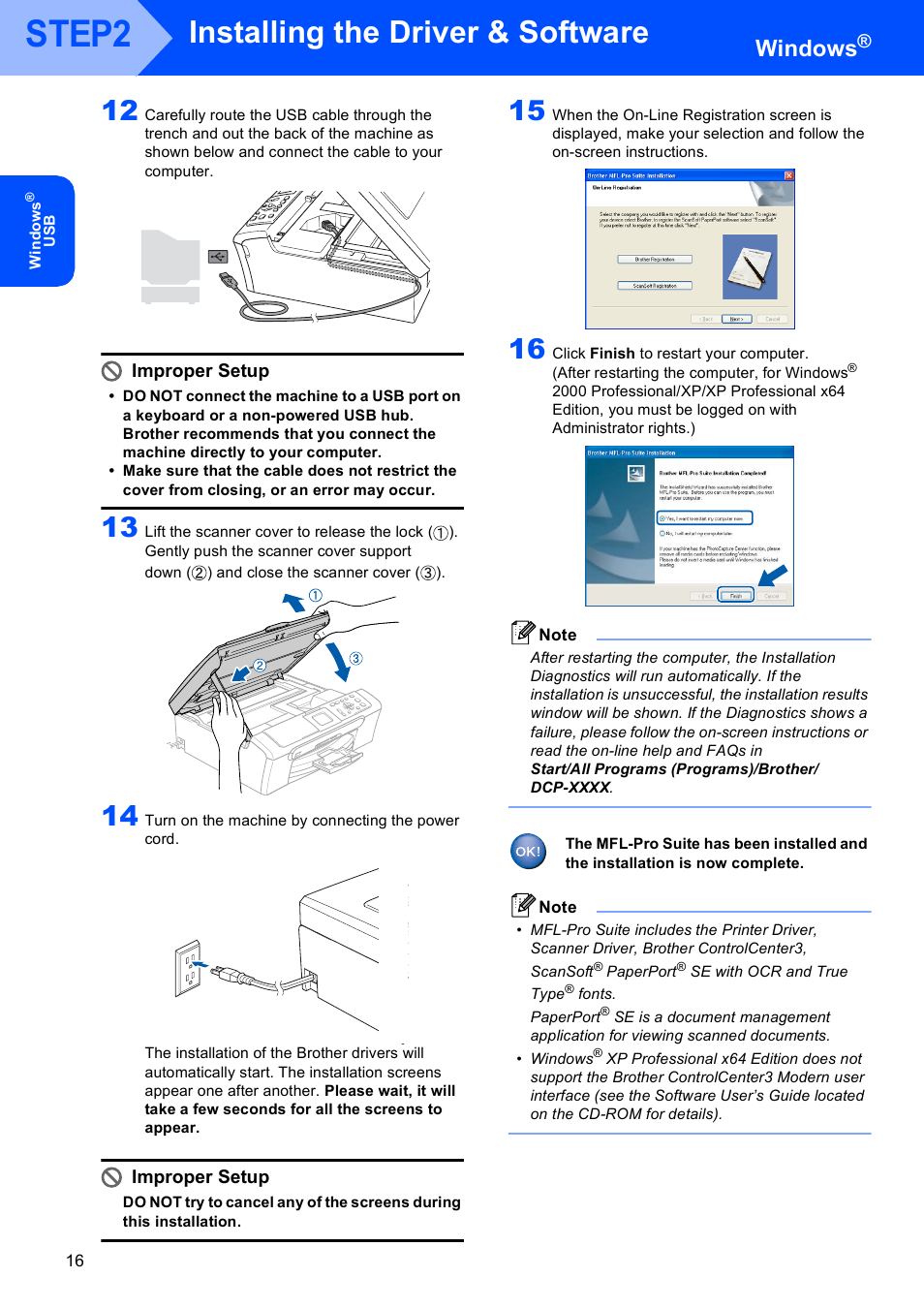Step2, Installing the driver & software, Windows | Improper setup | Brother DCP-330C User Manual | Page 18 / 32