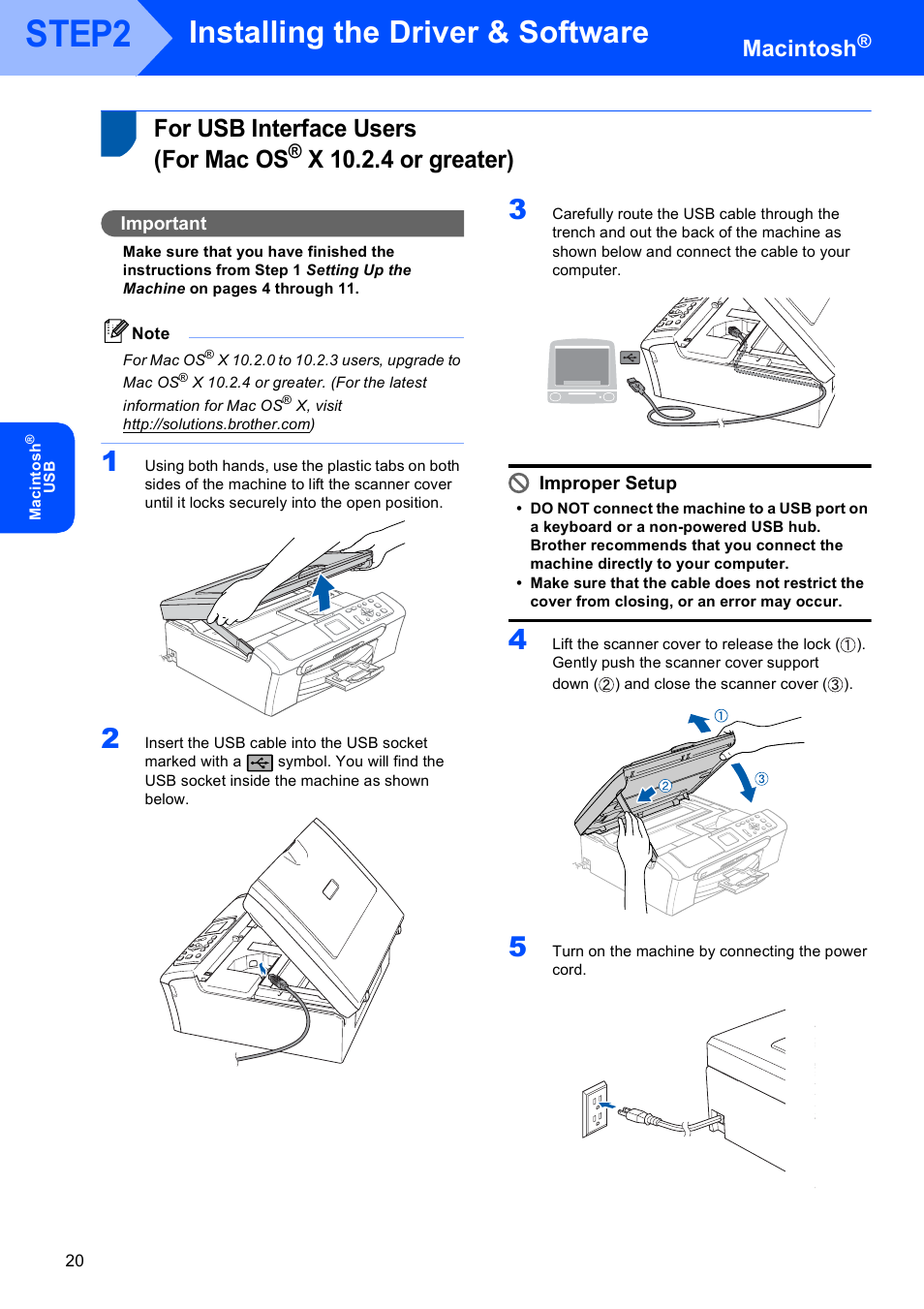 Macintosh, For usb interface users (for mac os, X 10.2.4 or greater) | For usb interface users, For mac os, Step2, Installing the driver & software | Brother DCP-330C User Manual | Page 22 / 32