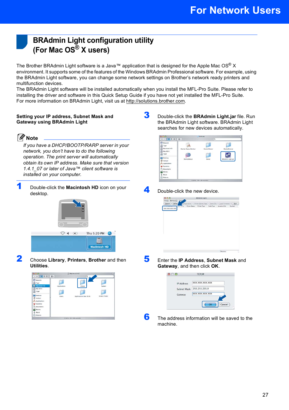 Bradmin light configuration utility (for mac os, X users), For network users | Brother DCP-330C User Manual | Page 29 / 32