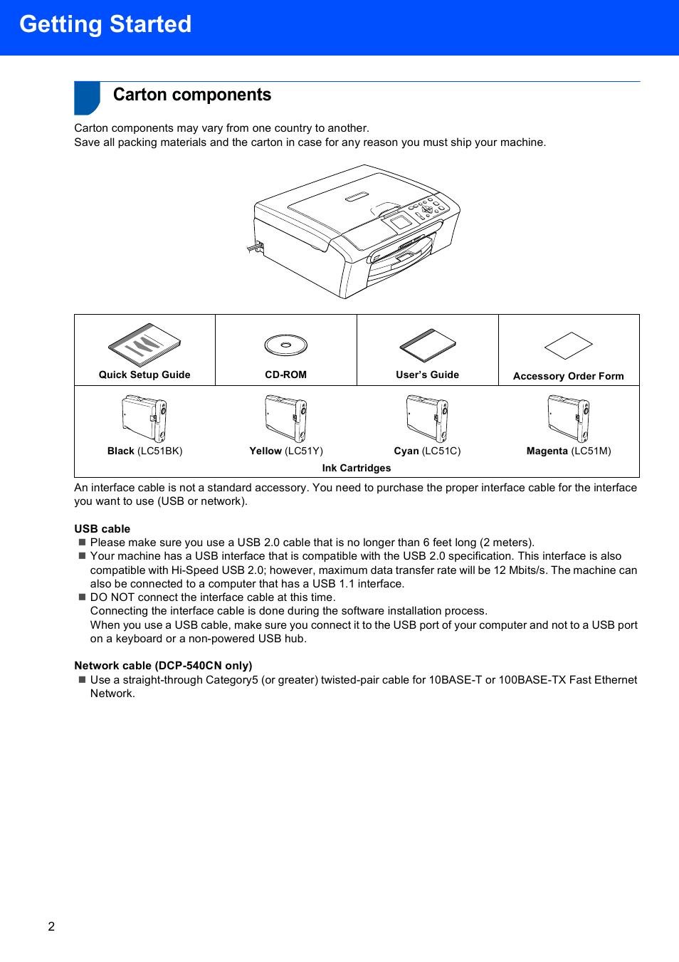 Getting started, Carton components | Brother DCP-330C User Manual | Page 4 / 32