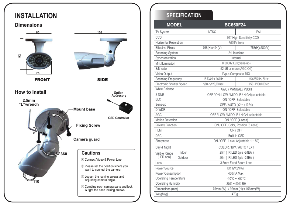 Installation, Specification, Dimensions how to install | Cautions | Talos Security BC650F24 User Manual | Page 2 / 2