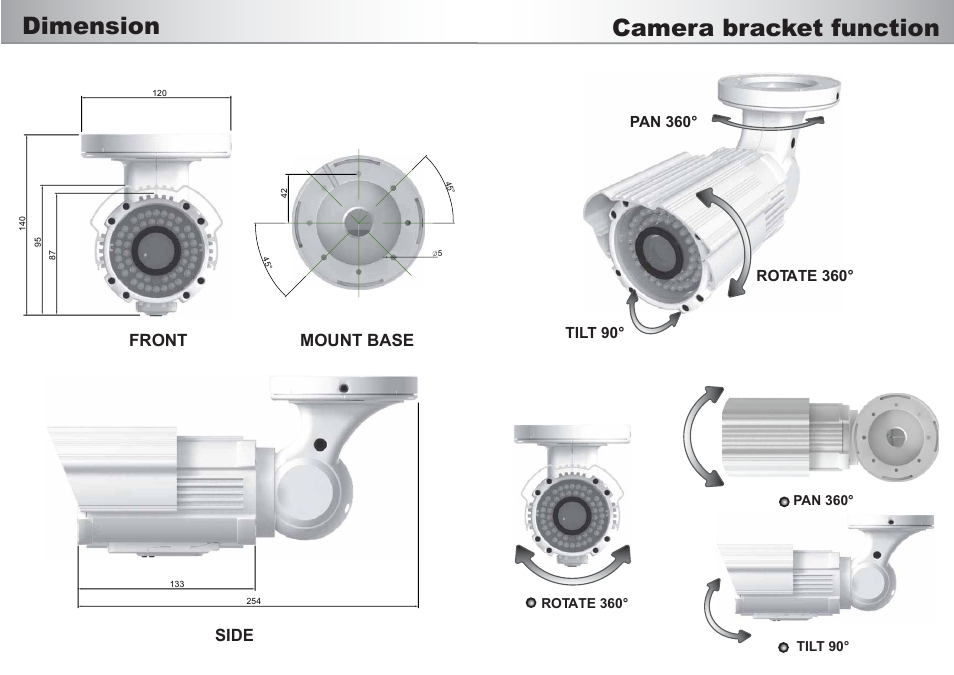 Camera bracket function dimension, Front side mount base | Talos Security BC700VIR48 User Manual | Page 3 / 4