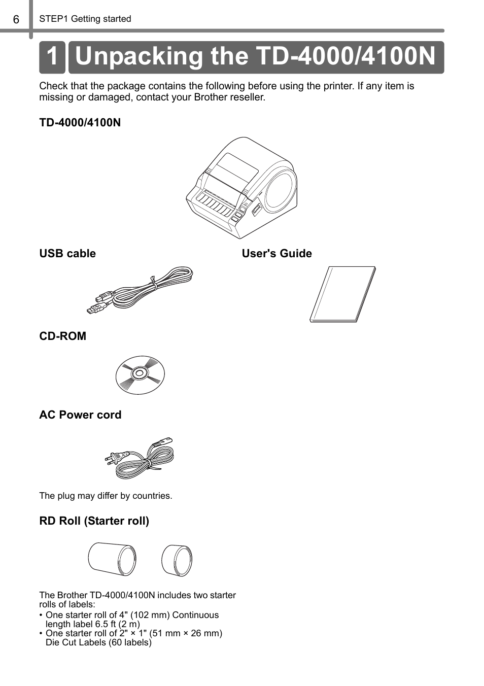 Getting started, Unpacking the td-4000/4100n, Step | Brother TD4100N User Manual | Page 12 / 80