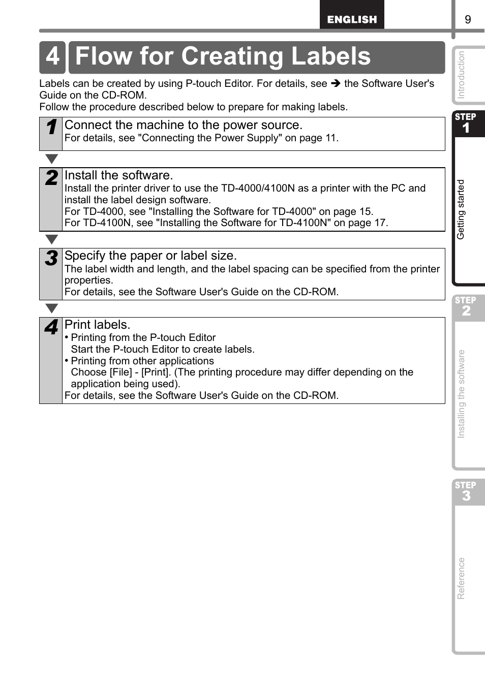 Flow for creating labels, 4 flow for creating labels | Brother TD4100N User Manual | Page 15 / 80