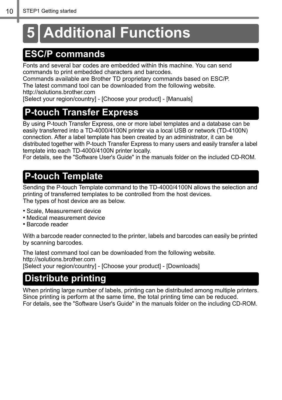 Additional functions, Esc/p commands, P-touch transfer express | P-touch template, Distribute printing, 5 additional functions | Brother TD4100N User Manual | Page 16 / 80