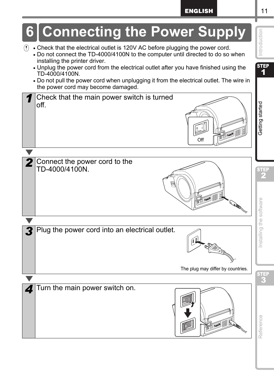 Connecting the power supply, 6 connecting the power supply | Brother TD4100N User Manual | Page 17 / 80