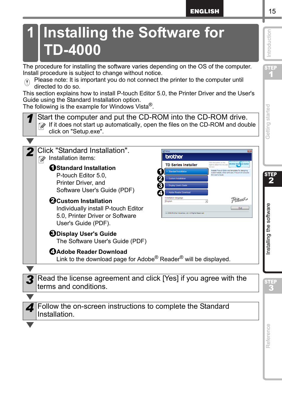 Installing the software, Installing the software for td-4000, Installing the softwar | Step | Brother TD4100N User Manual | Page 21 / 80